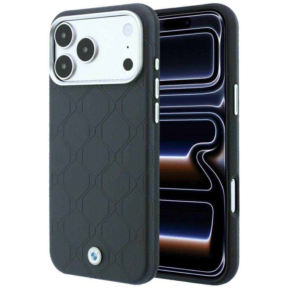 BMW Sign Deboss Quilted Metal Logo -suojakuori laitteelle iPhone 18 Pro Max / 17 Pro Max, MagSafe-yhteensopiva – tummanharmaa