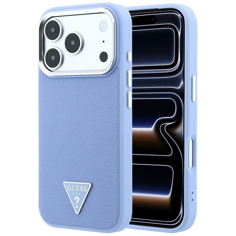 Guess Grained Triangle Logo -suojakuori laitteelle iPhone 18 Pro / 17 Pro, MagSafe-yhteensopiva – sininen