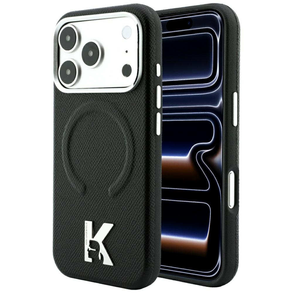 Karl Lagerfeld Grained Embossed Ring & Kameo Logo -suojakuori laitteelle iPhone 18 Pro Max / 17 Pro Max, MagSafe-yhteensopiva – musta
