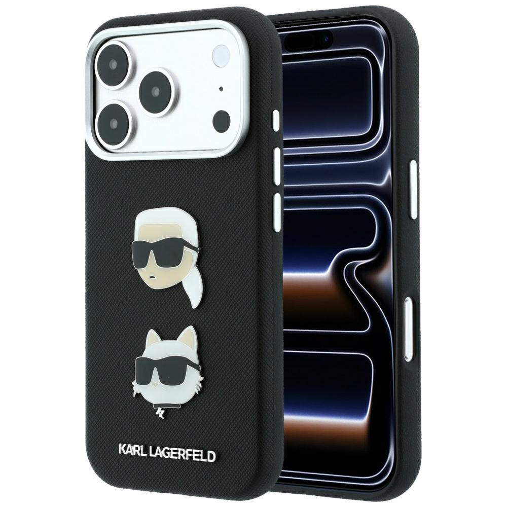 Karl Lagerfeld Saffiano Karl & Choupette Heads Pins & Logo -suojakuori laitteelle iPhone 18 Pro / 17 Pro – musta