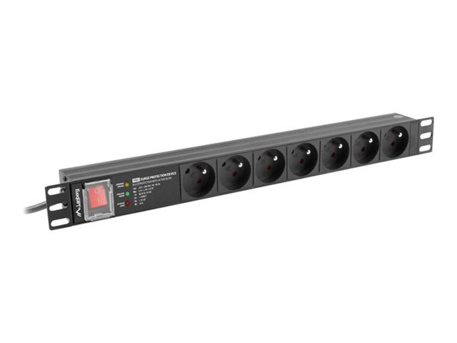 Lanberg PDU-PRO-07E-0200-BK 19 tuuman 1U-räkkivirransyöttöyksikkö, 16 A, 7× French pistorasiaa, 2 m kaapeli, musta