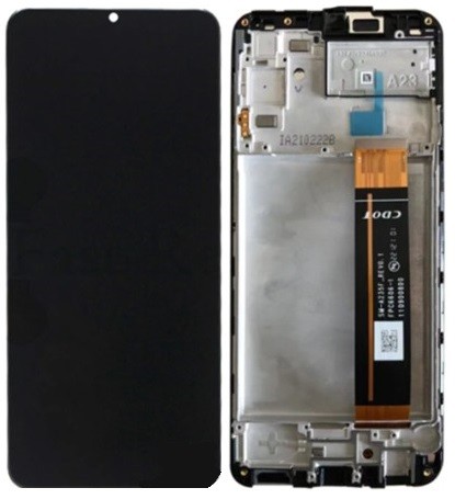 Alkuperäinen LCD-näyttö Samsung A235 A23 4G 2022 -puhelimelle, kosketuspaneelilla ja kehyksellä, musta (service pack)
