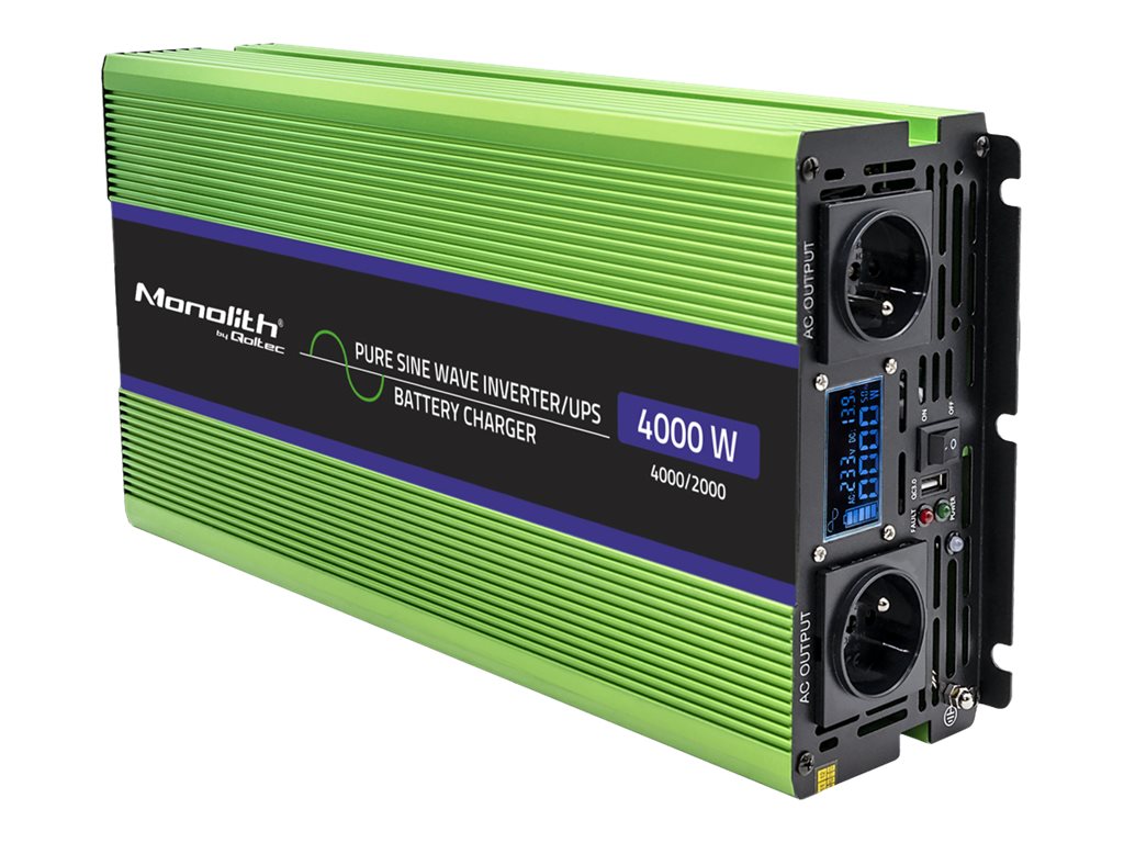 Qoltec 51943 Monolith – puhdassiniaaltoinvertteri, akkulaturi ja UPS, 4000 W huippu- / 2000 W jatkuva teho, 12 V–230 V, LCD (51943)