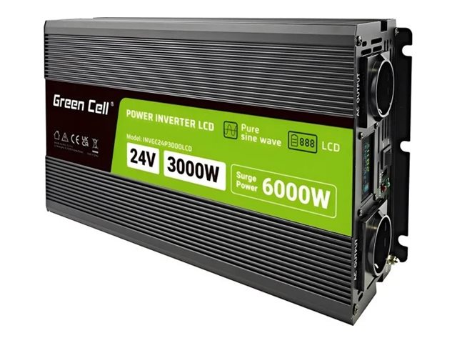 Green Cell INVGC24P3000LCD puhdassinisignaalinen invertteri LCD-näytöllä, 24 V:sta 230 V:iin, 3 000 W / 6 000 W