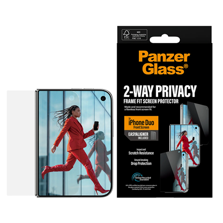 Läpinäkyvä lasinen PanzerGlass Privacy -näytönsuoja yksityisyyssuojalla ja EasyAlignerilla Apple iPhone Duolle