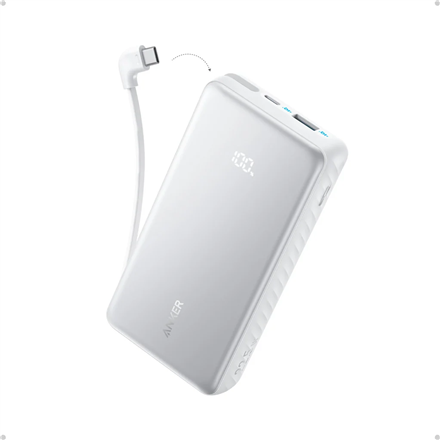 Valkoinen varavirtalähde Anker Zolo, 22,5 W, 20000 mAh, USB-C, sisäänrakennettu USB-C-kaapeli