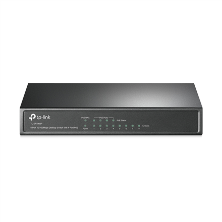 Hallitsematon TP-LINK TL-SF1008P -pöytäkytkin, 8 × 10/100 Mb/s RJ-45, joista 4 × PoE, ulkoinen virtalähde