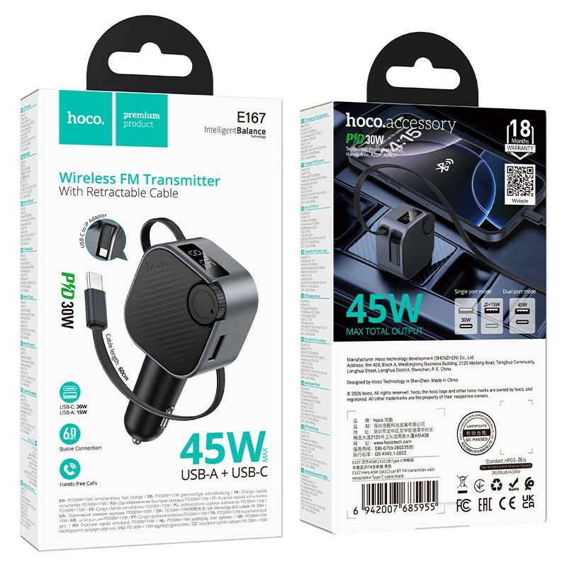 E167 autolaturi ja FM-lähetin, 45 W, 1 USB, Bluetooth 6.0, musta