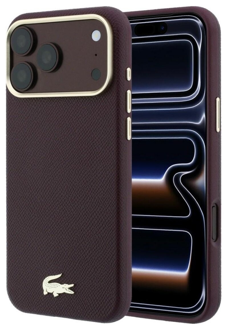 Viininpunainen PU-nahkainen Lacoste Champs Elysees MagSafe -kuori kultaisella logolla Apple iPhone 18 Pro -puhelimelle