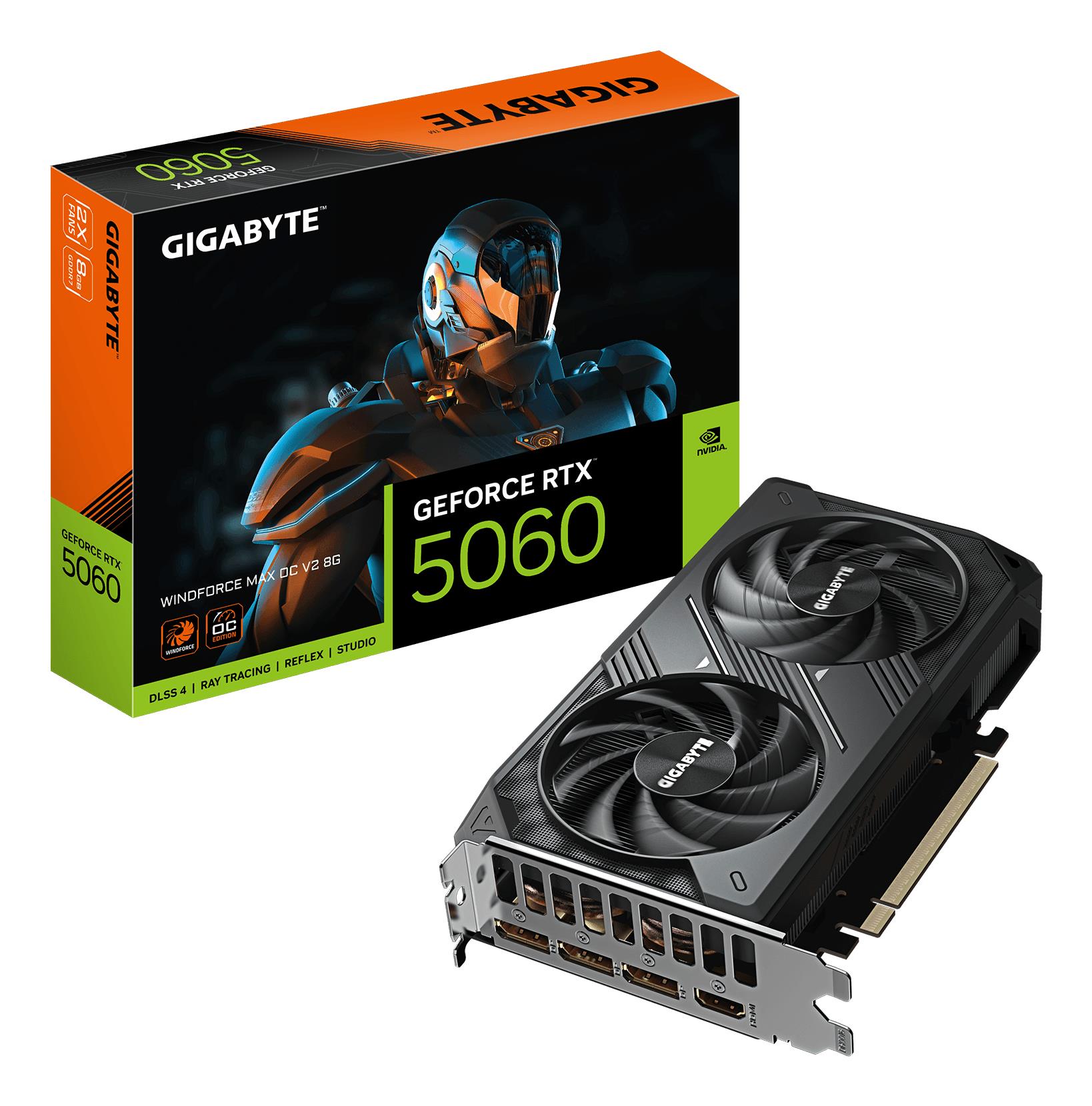 Gigabyte NVIDIA GeForce RTX 5060 -näytönohjain, 2512 MHz, 8 Gt GDDR7, 128 bittiä, PCI Express 5.0, aktiivinen jäähdytys (GV-N5060WF2MAXOCV2-8GD)