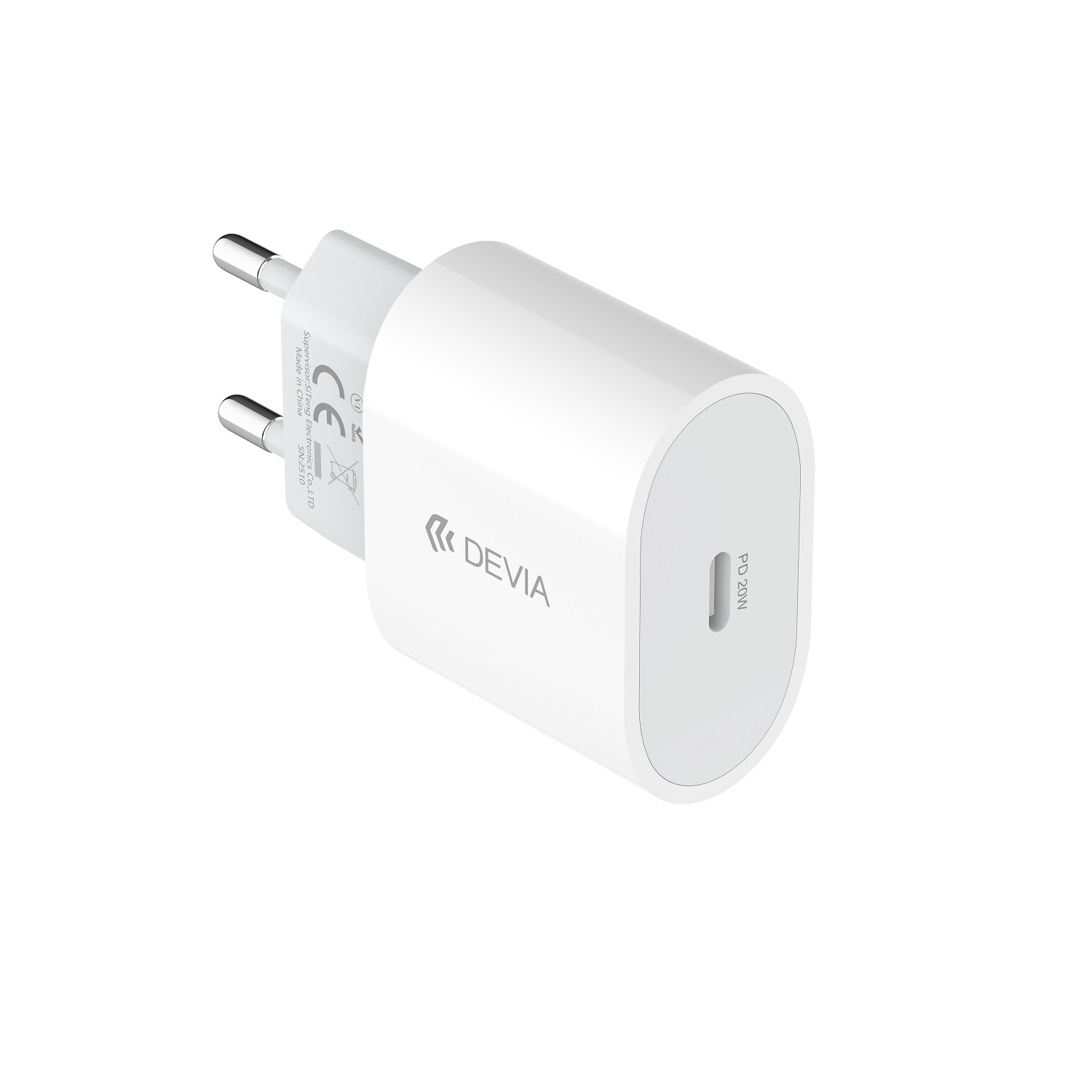 Valkoinen Devia Rocket -seinälaturi, PD, QC, 20 W, 1 x USB-C
