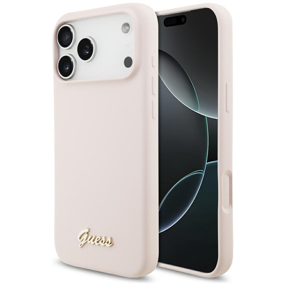 vaaleanpunainen Guess Silicone Script Metal Logo MagSafe -suojakuori Iphone 18 Pro Max / iPhone 17 Pro Max -laitteille