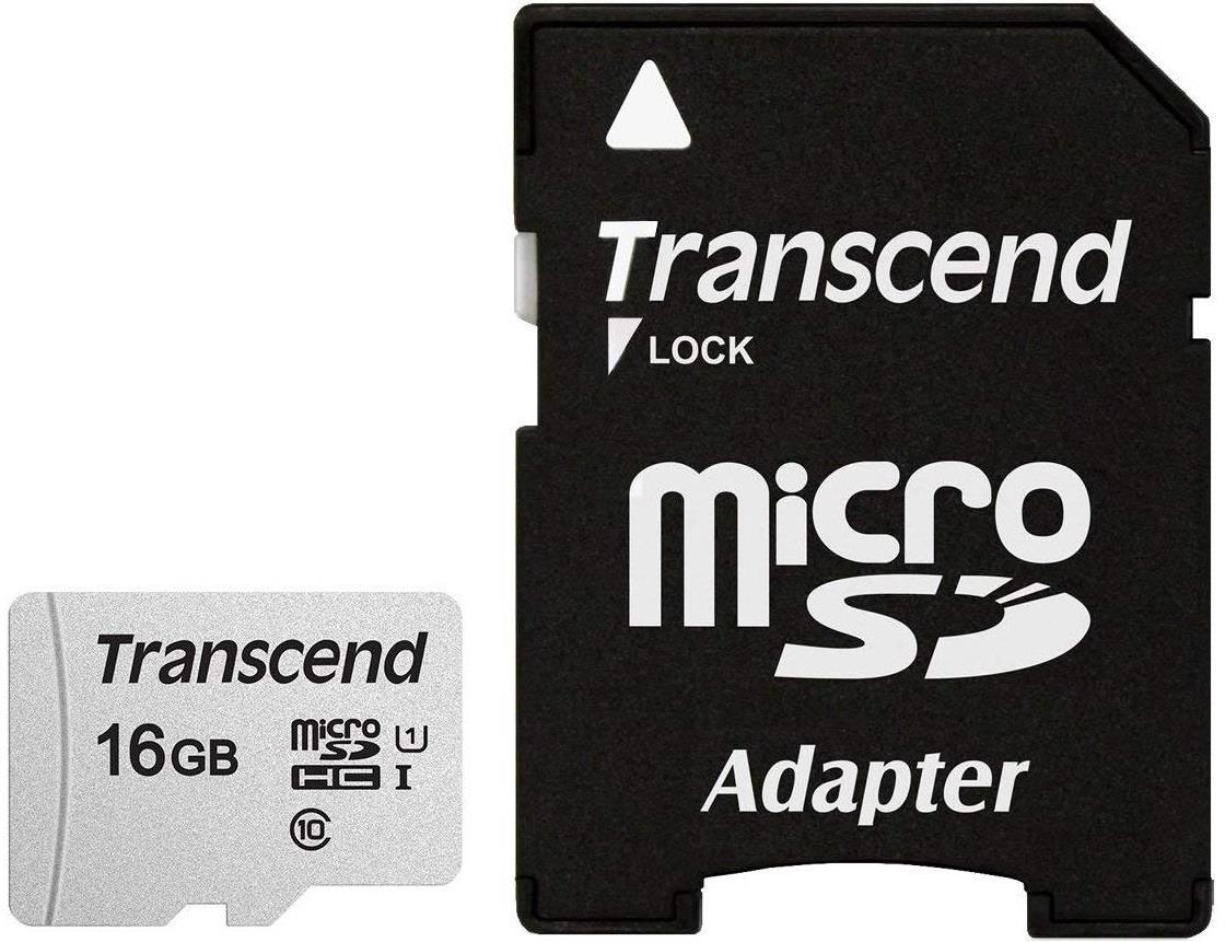 TRANSCEND TS16GUSD300S-A microSDHC -muistikortti, 16 GB, C10, sovittimella