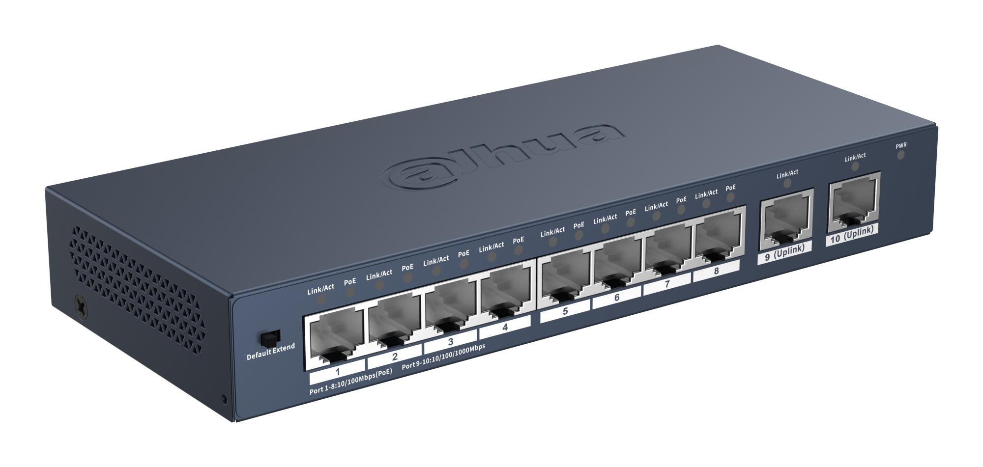 Dahua S3010-8ET2GT-90 -ei-hallittava verkkokytkin, 8 RJ-45 Fast Ethernet (10/100) -porttia, PoE