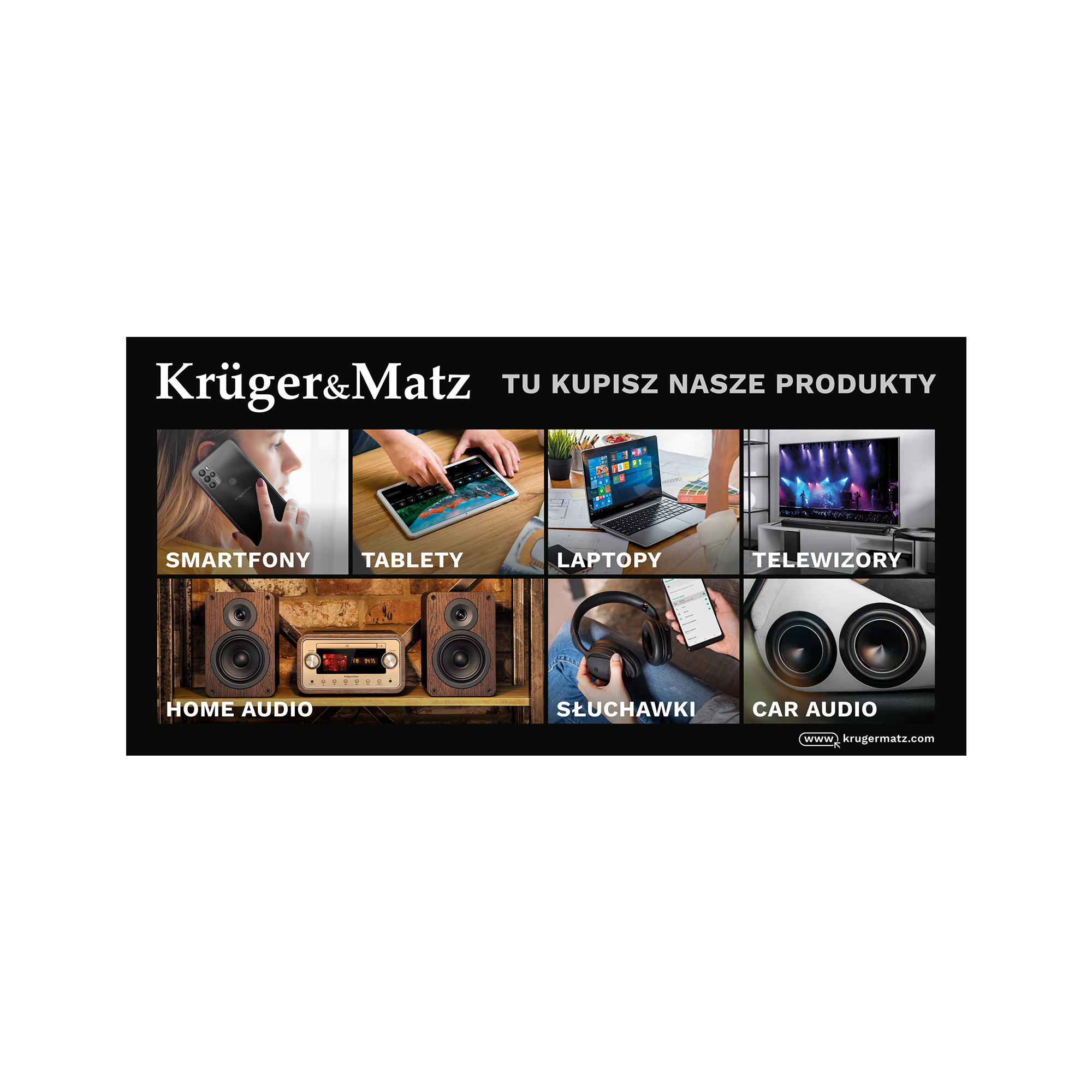 Kruger&Matz-mainosbanneri ”Täältä voit ostaa tuotteitamme”, 200 × 100 cm
