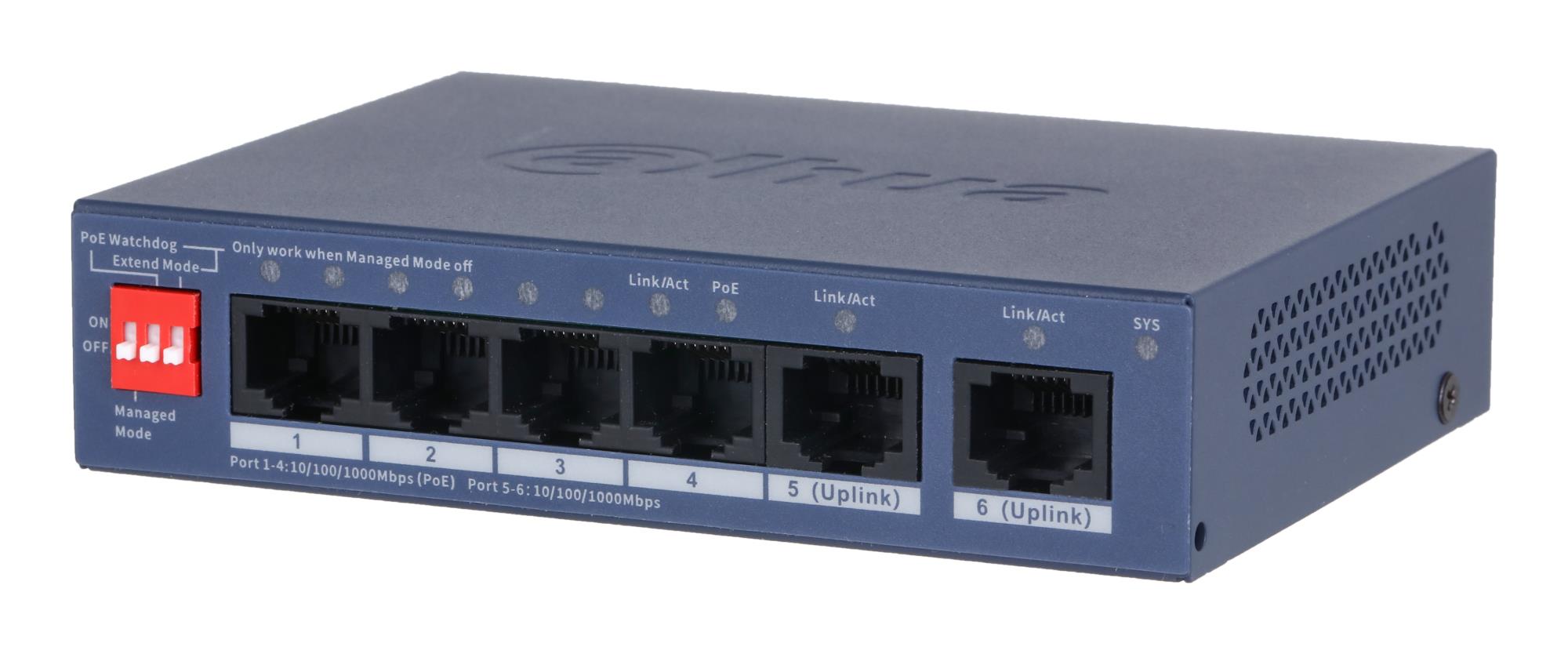 DAHUA CS4006-4GT-36 hallittava L2-pöytä-/seinäkytkin, 4 × RJ-45 Gigabit Ethernet (10/100/1000), PoE: kyllä, 4 PoE-porttia